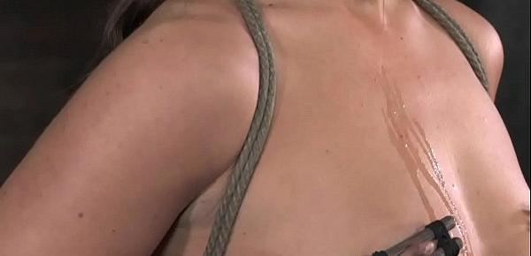  BDSM sub nipples and pussy lips clamped